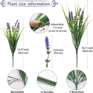 Detailed size guide and features for 12 bundles of bendable artificial lavender plants