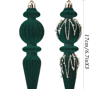 Set of 3 elegant dark green velvet tapered Christmas ball ornaments with bead details