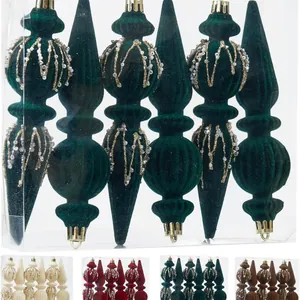 Set of green velvet flocked long tapered Christmas finial ornaments for tree decoration