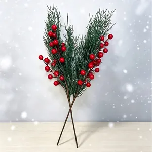 Christmas Artificial Pine Branches Greenery Stems Red Berries Picks For Holiday Home Decoration Winter Mall Landscaping Decor