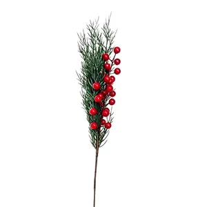 Lifelike artificial Christmas pine branch with bright red berries for home decor