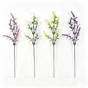 Detail view showing four colors of artificial lavender sprigs with textured spikes.