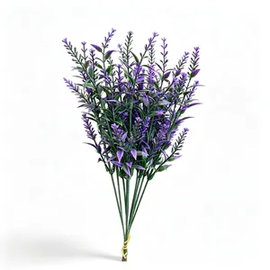 Macro detail of artificial lavender stems showing realistic purple buds and green leaves