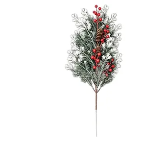 Realistischer künstlicher Weihnachtskiefernzweig mit roten Beeren und Tannenzapfen