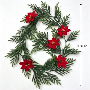 Ghirlanda Natalizia Artificiale in Rattan di Pino Lunga Ghirlanda di Pino Norfolk Verde Con Fiori di Poinsettia Rossi Per Decorazioni Natalizie Casa Negozio