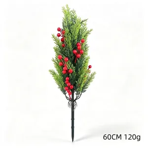 Detailed view of 60cm artificial Christmas garden stake with pine needles and red berries