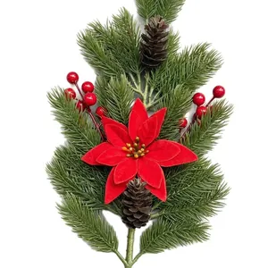 Artificial Christmas floral branch with pine needles, red berries, and poinsettia flower