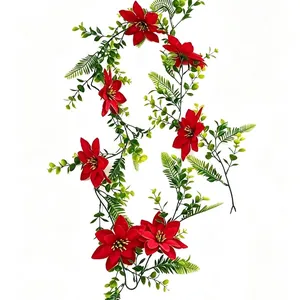 Festive Christmas Poinsettia and Eucalyptus garland vine for home wall decoration