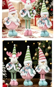 Close-up of candy-colored telescopic leg Christmas plush dolls with knit details