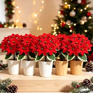 Bouquets de poinsettias artificiels rouge vif en pots décoratifs pour décor de Noël
