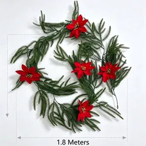 Guirlande de Noël artificielle avec aiguilles de pin et poinsettias rouges, 1,8m