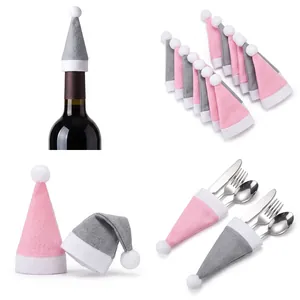 Lot de mini bonnets de Noël roses et gris pour porte-couverts et bouteilles de vin