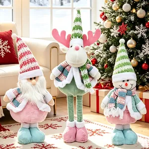Three pastel Christmas plush dolls with telescopic legs for festive home decor