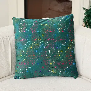 Festive green velvet Christmas pillow cover with gold star and snowflake pattern
