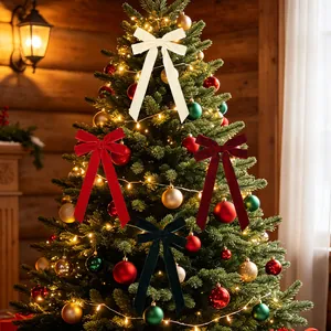 Velvet Christmas tree bow ornaments in festive red green and cream for home decor