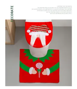 Festive 2-piece Christmas toilet seat cover and rug set with Santa and elf designs