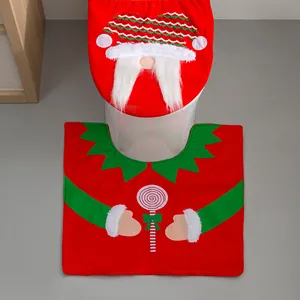 Ensemble Couvercle de Toilette et Tapis de Noël Père Noël Décorations de Salle de Bain Festives Tissu Non Tissé Rouge Vert