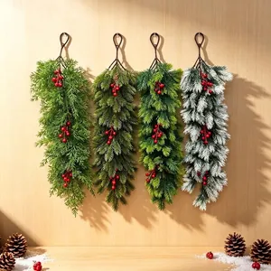Artificial Christmas Greenery Wall Hanging Artificial Pine Cypress Leaves Red Berries Pinecone Door Decoration Christmas Decor