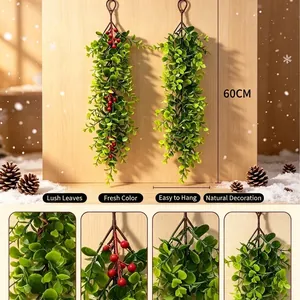 60 cm künstliche Eukalyptus-Hängeranke mit roten Beeren für Winter Wanddekoration