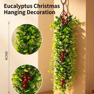 Künstliche Eukalyptus-Hängeranke mit roten Beeren zur Wanddekoration, 60 cm lang