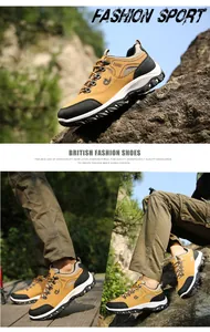 Durable yellow leather hiking shoes shown in an outdoor rocky terrain detail view.