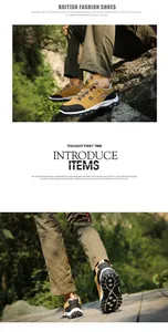Yellow leather waterproof hiking shoes for men in a rugged outdoor setting