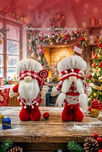 Festive Christmas chef gnomes plush dolls in a cozy kitchen setting by a fireplace.