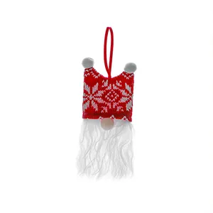 Christmas gnome ornament with red knitted snowflake hat and long white faux fur beard