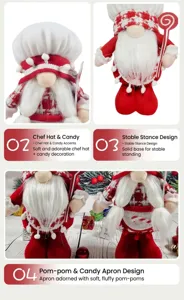 Detailed features of Christmas gnome plush dolls showing chef hat and pom-pom apron accents