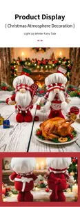 Detailed view of festive chef Christmas gnomes set against a cozy fireplace scene