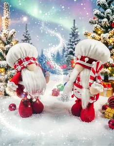 Detailed view of two plush Christmas gnomes in a magical snowy forest setting