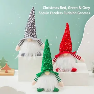 Trois gnomes de Noël lumineux festifs avec chapeaux à paillettes en rouge vert gris