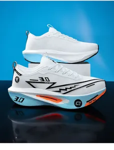 Scarpe da corsa professionali con mesh bianco traspirante e piastra in carbonio blu