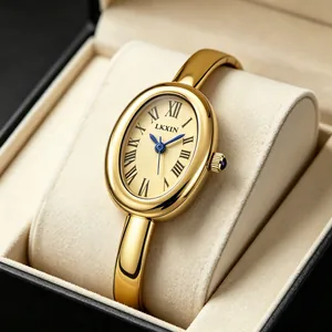 Luxury Women Oval Bangle Quartz Watch Vintage Roman Numeral Dial Alloy Bracelet Wristwatch With Blue Stone Crown For Lady
