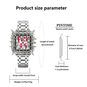 Detailed size parameters of PINTIME thorn bezel quartz watch with 'FUCK 9-5' dial