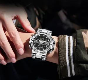 Close-up of Sanda multifunctional silver digital watch on a man's wrist