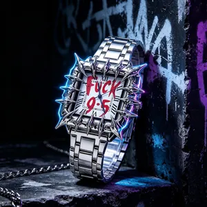 Close-up of square quartz watch bezel featuring sharp silver thorn spikes and metal band