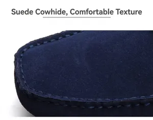 Vue détaillée du daim bleu marine et des surpiqûres d'un mocassin homme