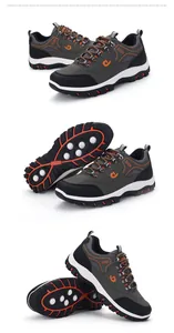 Detailed views of dark grey and orange waterproof non-slip men's outdoor hiking shoes