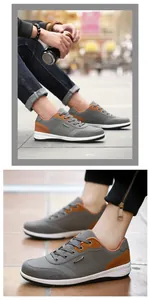 Detailed view of grey and tan casual walking shoes with soft soles on a model