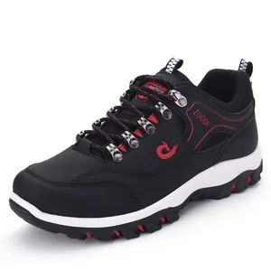 Professional waterproof non-slip men's outdoor hiking shoes in black leather and red accents