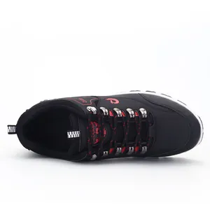 High-quality black waterproof leather outdoor hiking shoes for men with red accents and logo