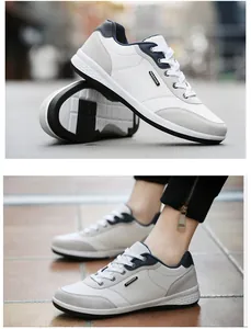 Split view showing details of white men's sports casual shoes with non-slip soles