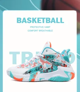 Detailed side view of stylish high-top men's basketball shoes with vibrant graphic patterns