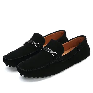 Premium black suede men's loafers with elegant metallic buckle detail slip-on shoes