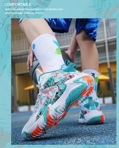 High-performance breathable basketball shoes with a unique teal dragon pattern for men.