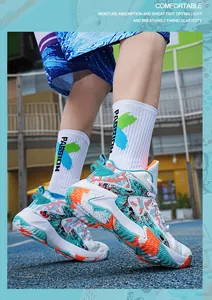 Detailed view of colorful graffiti basketball shoes for professional youth sports training.