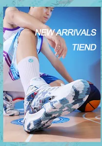 Action shot of professional basketball shoes featuring blue graphic print on the court