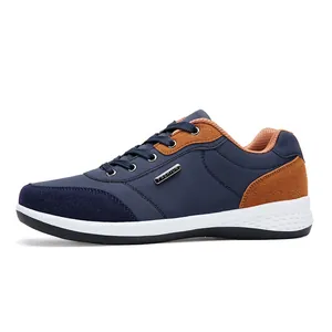 Navy blue and brown men's casual walking sneakers with non-slip soft white sole