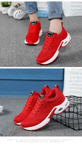 Close-up of red women's sports sneakers with breathable mesh and air cushion soles